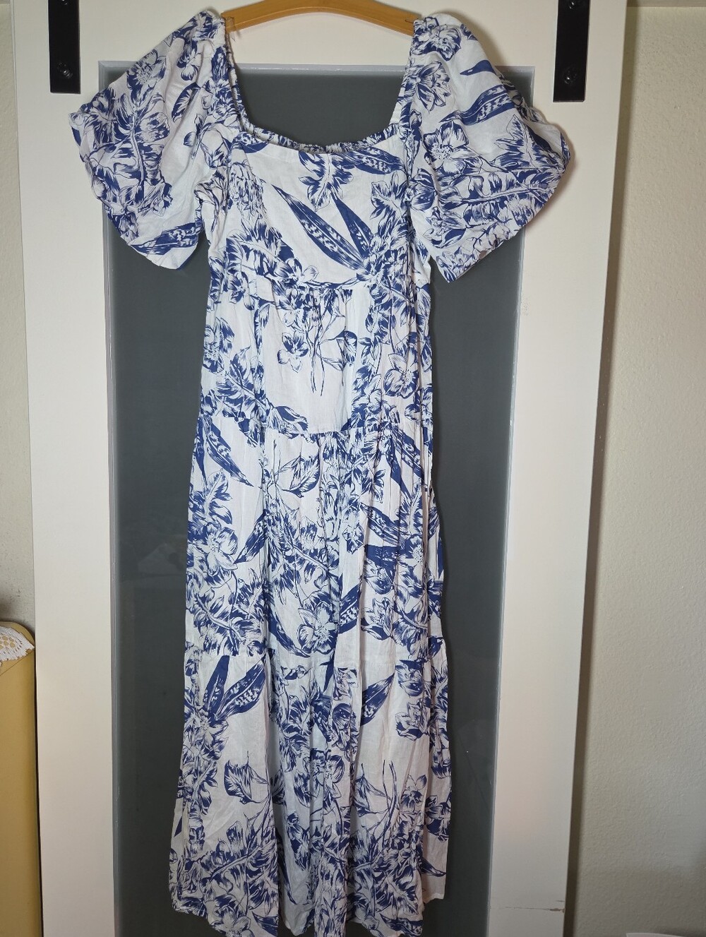 Meadow Rhodes Blue and White Floral Puff Sleeve Cotton Dress S Coquette